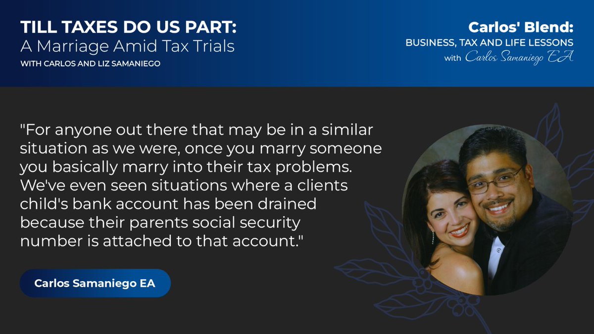 Carlos & Elizabeth Samaniego share their journey from tax turmoil to triumph! From near disaster to 20 years of marriage and a mission to help others. Don’t miss this blend of love and financial wisdom. taxdebtconsultant.com/loveandtaxes