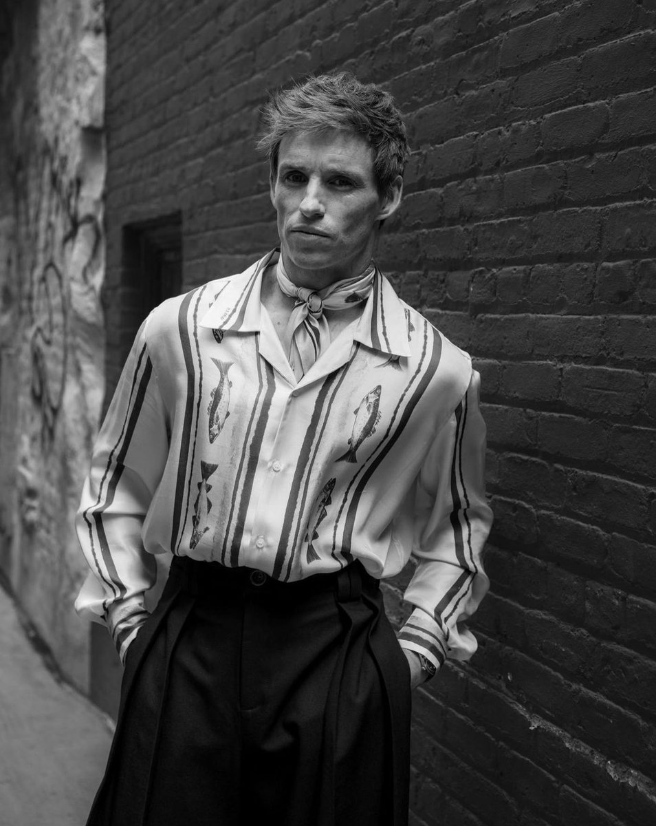 1/Gala glam: #eddieredmayne in a rustic look above the waist + ultra wide legged bottoms styled by #harrylambert + photographed by @drewelhamalawy at tonight’s #Cabaret @kitkatclubnyc opening bash. Grooming by @akgroomer.