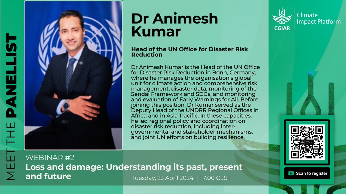 🌐New webinar! #LossAndDamage: Understanding its past, present and future - Follow discussions and learn from @animesh00 about aligning disaster risk reduction with climate adaptation efforts. 📆 Apr 23 🕒 3.00 pm GMT/ 5.00 PM CEST 🔗 on.cgiar.org/3Wd0AxY @aditimukherji