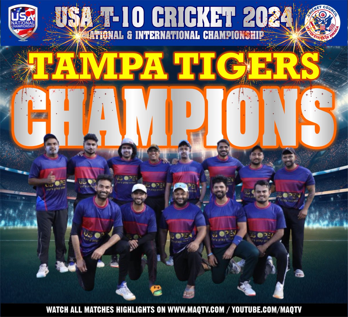 CcusaInfo's tweet image. Congratulations! Tampa Tigers
Champions of USA T-10 CRICKET NATIONAL CHAMPIONSHIP 2024
#championship #ccusa #maqtv #MAQ #tampatigers
