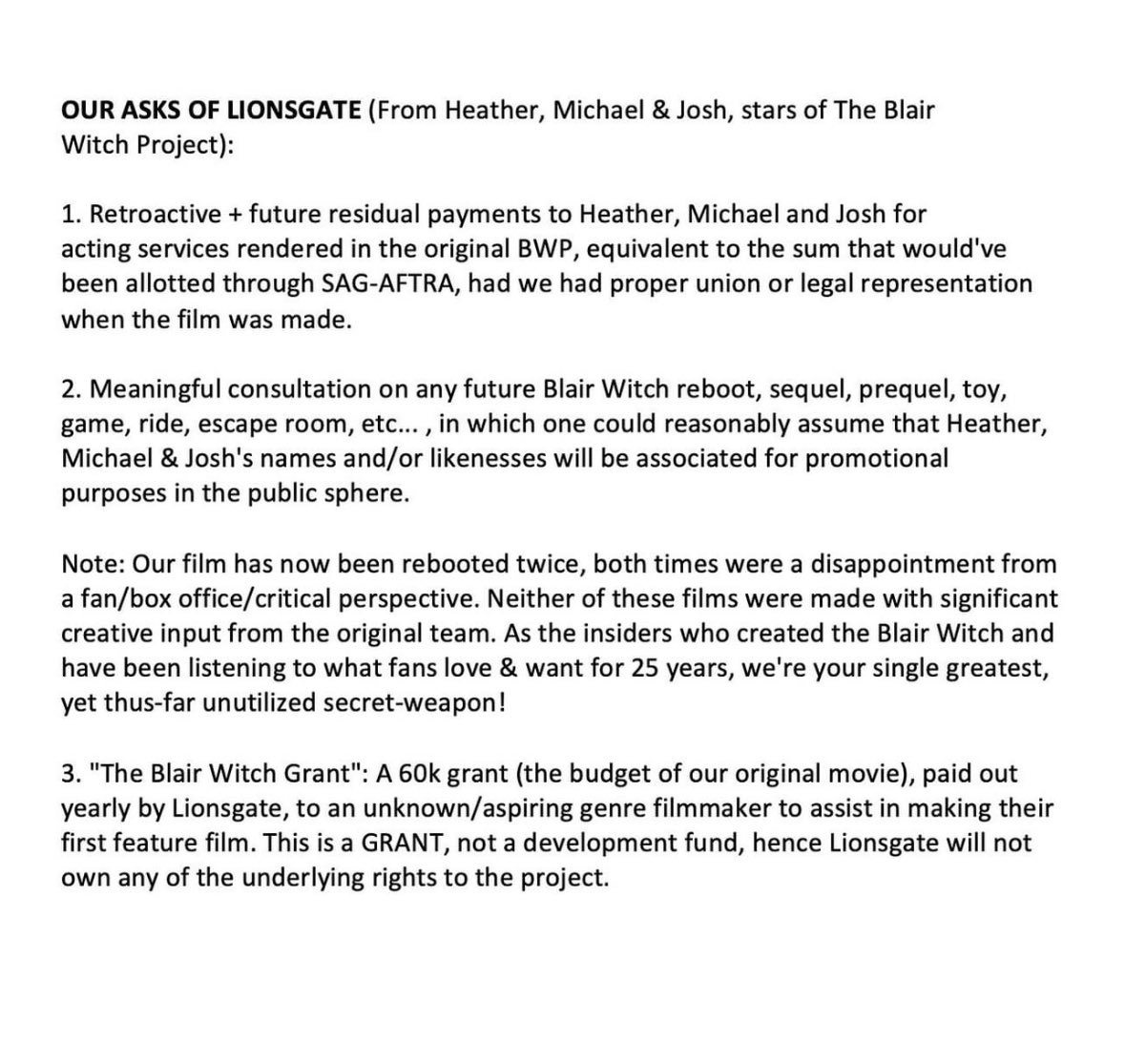 The cast of ‘THE BLAIR WITCH PROJECT’ have released a statement ahead of the original’s 25th anniversary &amp; a new reboot, asking for:

1️⃣ - Residual payments for the film, which they never got

2️⃣ - Consultation on future projects where their names &amp; likeness are used

3️⃣ - A $60k