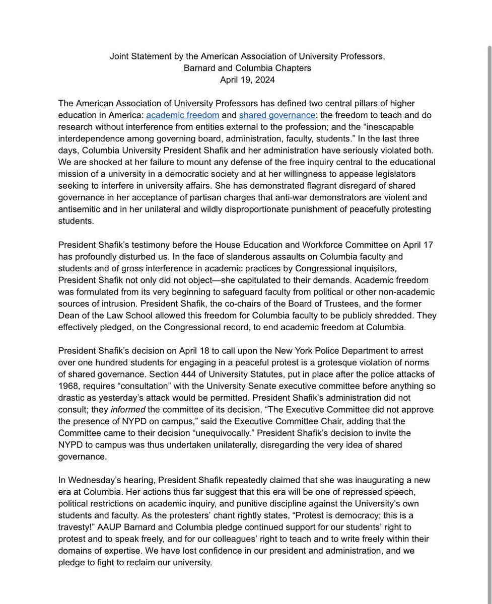 Joint statement by the American Association of University Professors, Barnard and Columbia chapter.