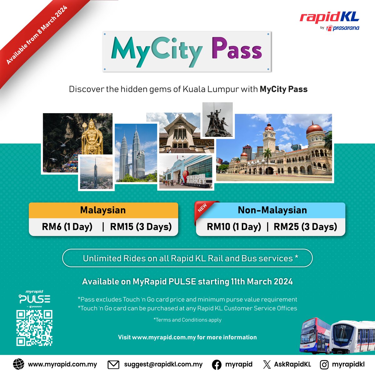 Unlimited Rides, Now for Everyone! Experience Kuala Lumpur/Putrajaya hassle-free with MyCity Pass! Now available for EVERYONE - locals and visitors alike! Get yours now and start exploring! #MyCityPass #UnlimitedRides #RapidKL