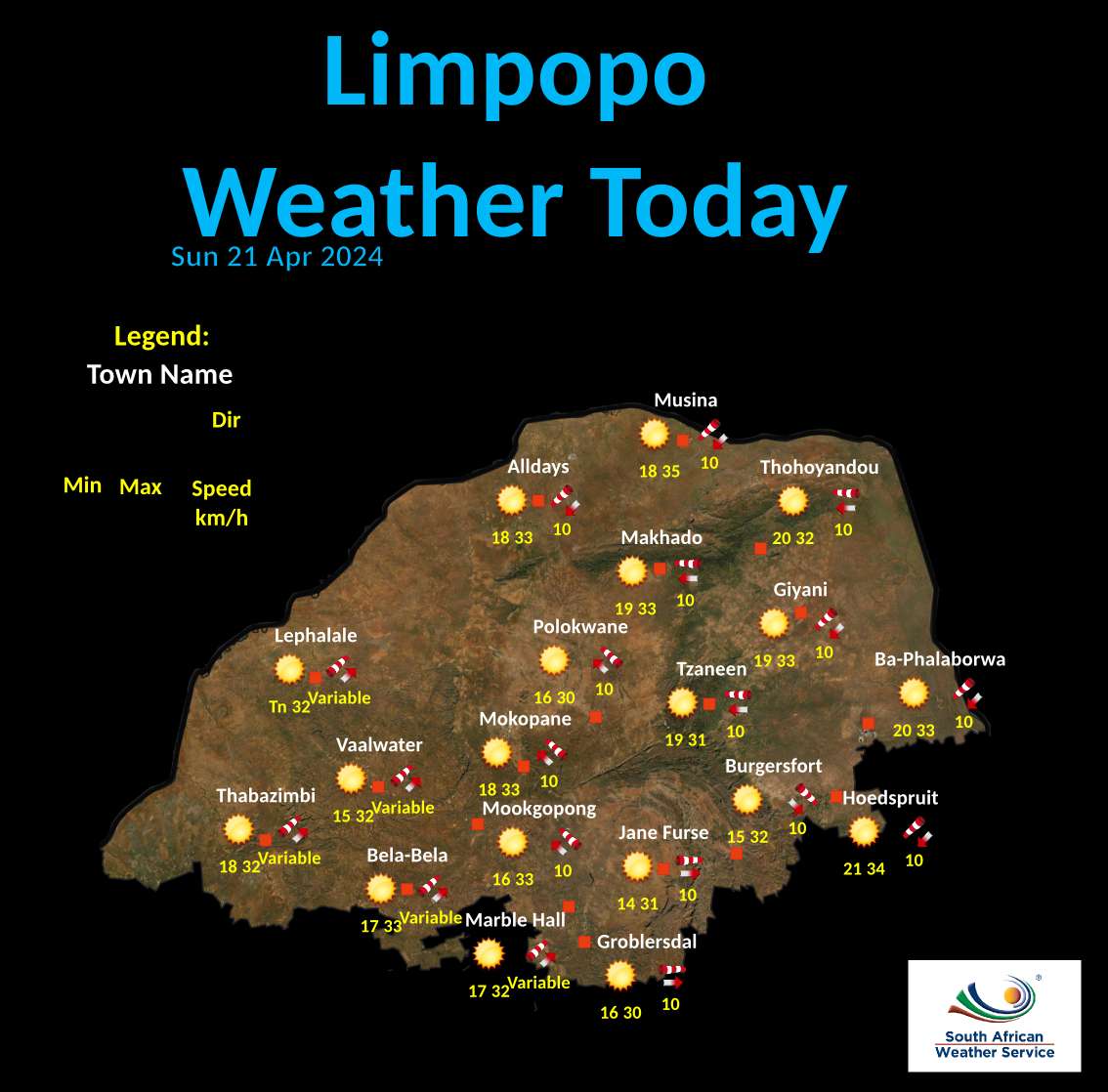 Limpopo Today 's Weather overview: 21.4.2024