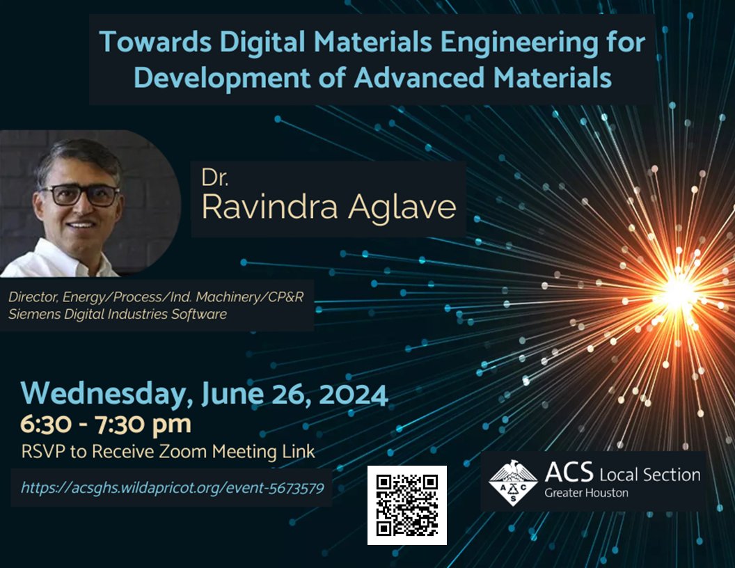 ACSGHS's tweet photo. Join the ACS Greater Houston Section on June 26 at 6:30pm CDT for our upcoming seminar featuring Director of Energy/Process/Ind. Machinery/CP&amp;R, Siemens Digital Industries Software, Dr. Ravindra Aglave. Learn more and register at https://t.co/LSlRQrdqN2 https://t.co/PQo04zx3fB