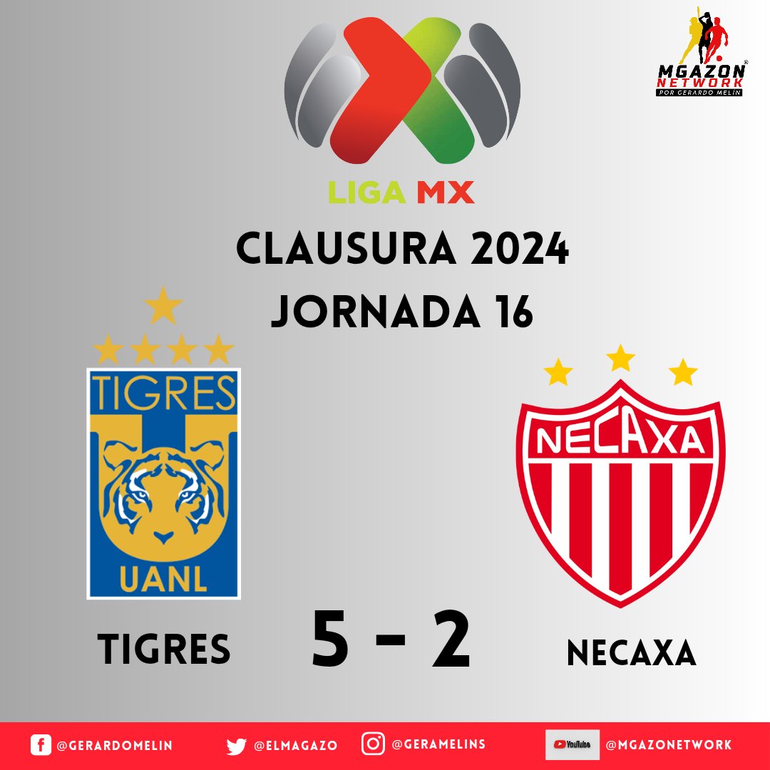 Tigres goleó a Necaxa 5-2 en la Jornada 16 del #Clausura2024, los autores de los goles fueron, triplete de Marcelo Flores, André Pierre Gignac y Jonathan Herrera 🐯⚡ 🇲🇽⚽🏟️ #LigaBBVAMX #Clausura2024 #ElMagazoMelinPresenta