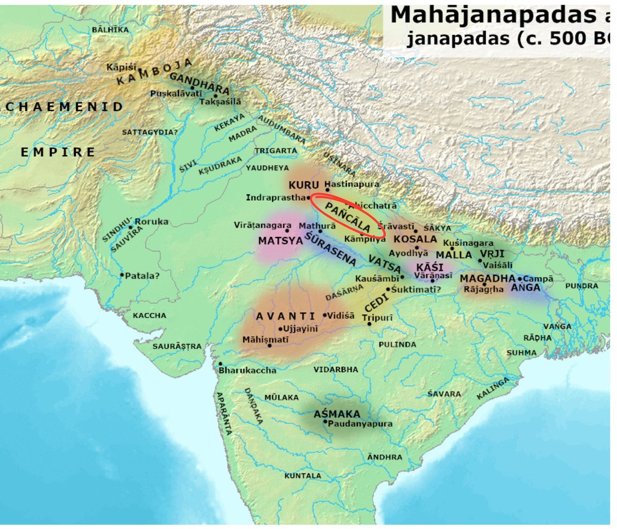 MAHAJANPADAS

📌 PANCHALA

1. Located in the Rohikhand and parts of Central Doab (roughly Bareilly, Pilibhit, Badaun, Bulandshahr, Aligarh etc.)

2. The ancient texts refer to the presence of two lineages of the Panchalas i.e. the northern Panchalas and the southern 
Panchalas…