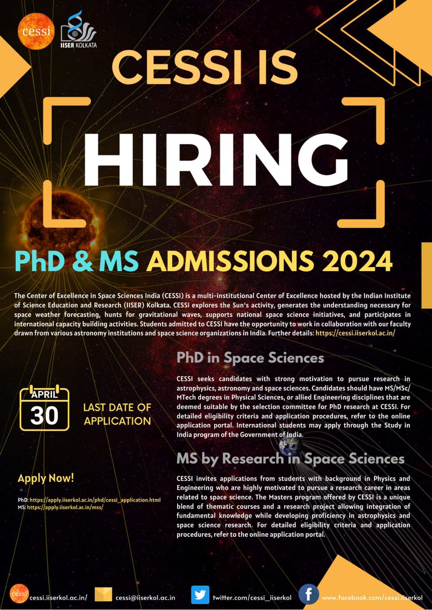 cessi_iiserkol's tweet photo. 🪐We are searching for fellow adventurers 🚀 Calls for our MS and #PhD programs are open ✨If you like applications of physics, engineering or computation in astronomy or space sciences, you shall be in good company 👩🏽‍🚀 Adventures begin here 🔭
https://t.co/h418ZmcZxZ https://t.co/NnZZF3Jdi1