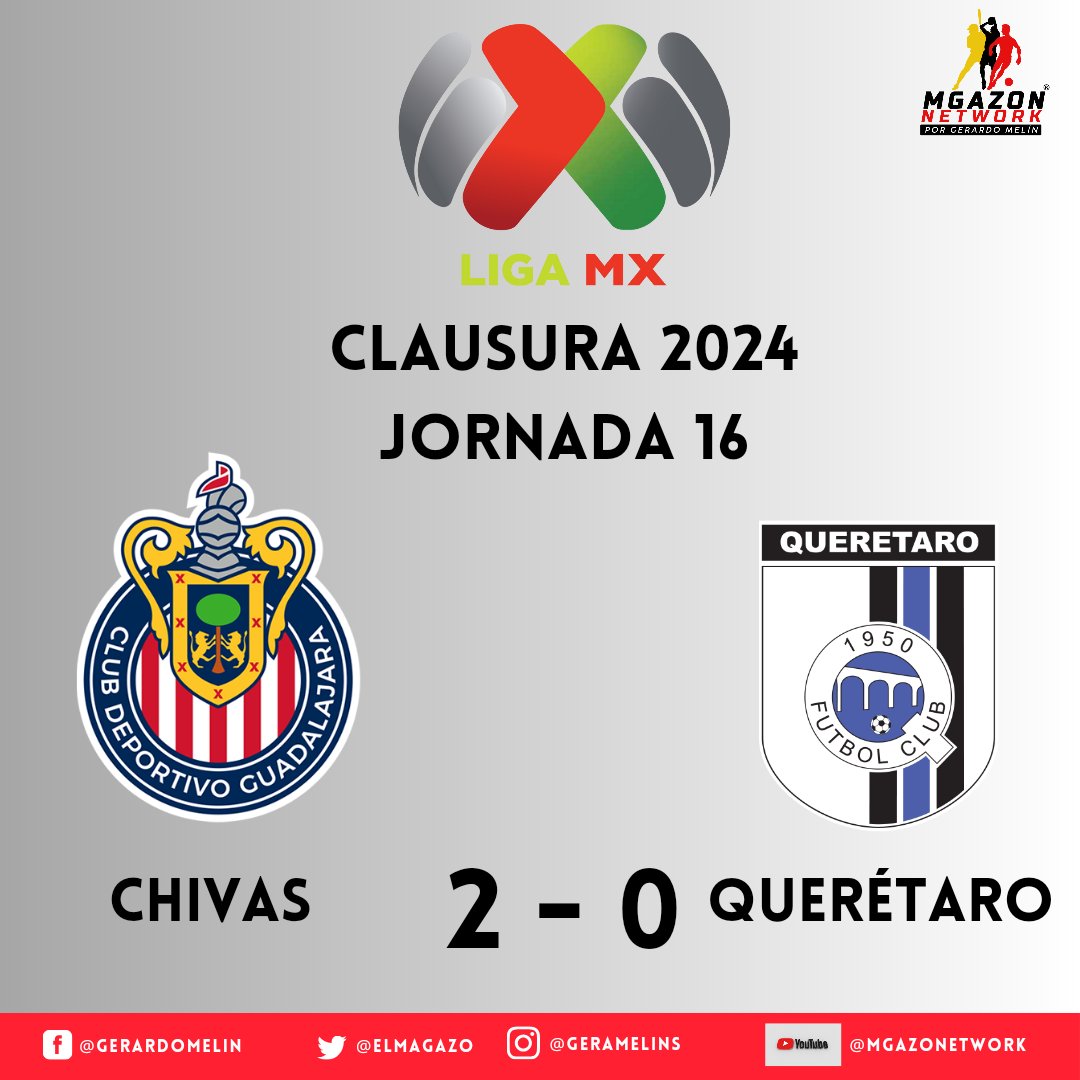 Chivas venció a Querétaro 2-0, con goles de Gilberto Sepúlveda y Roberto Alvarado en la Jornada 16 del #Clausura2024 🐐🐔 ⚽🇲🇽🏟️ #LigaBBVAMX #Clausura2024 #ElMagazoMelinPresenta