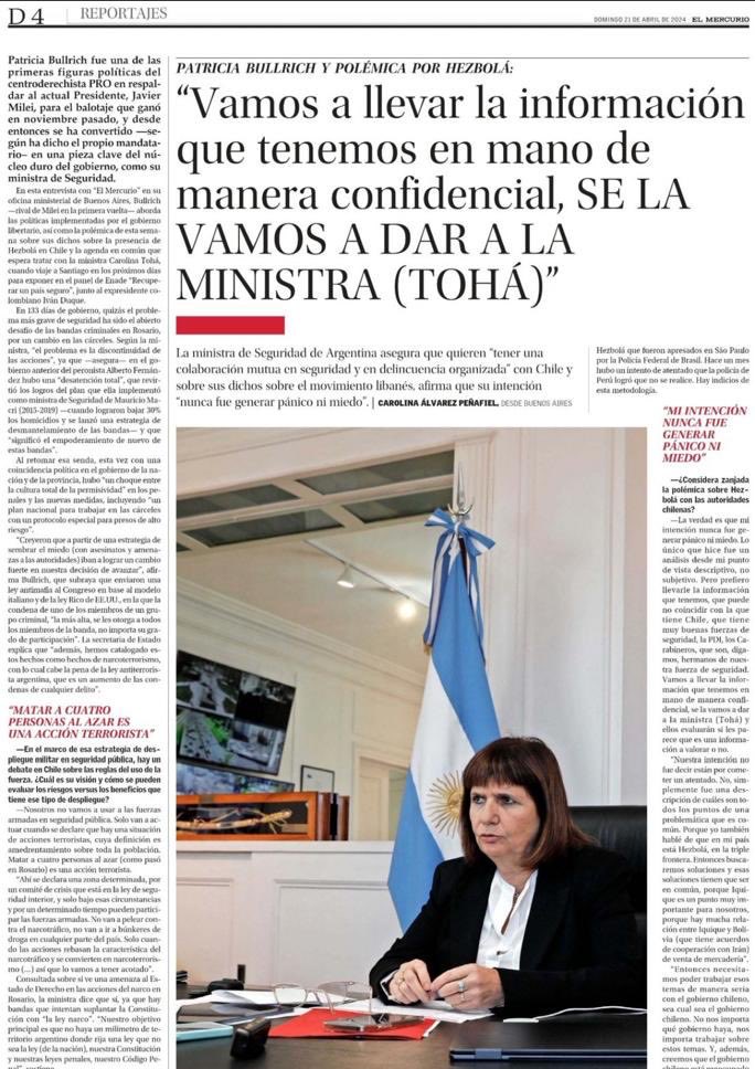 #ALERTA🚨Ministra de Seguridad de Argentina Patricia Bullrich en entrevista con El Mercurio señaló que enviarán toda la información que tienen de la presencia de Hezbollah en Chile a la Ministra Tohá de manera confidencial.