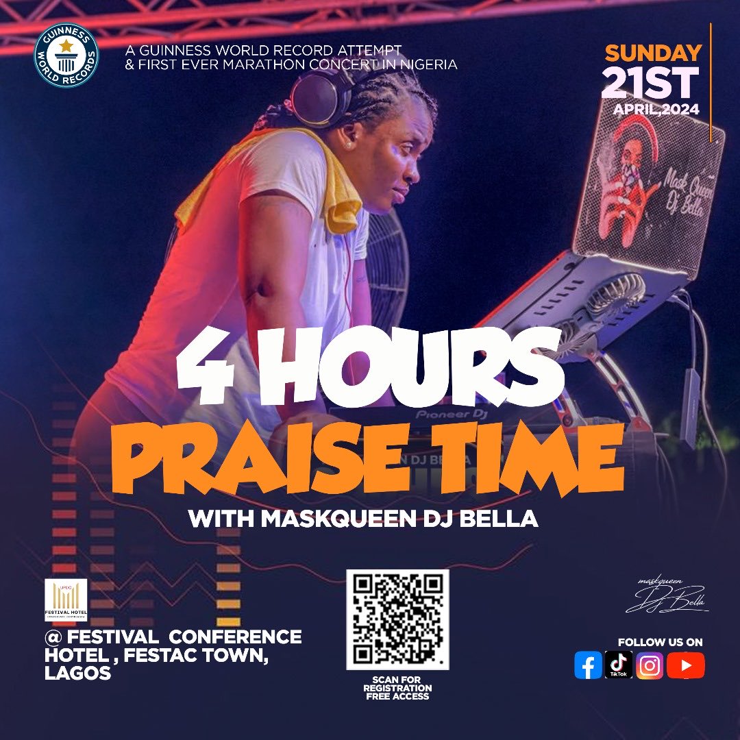 250 hours Guinness world record attempt live concert by   MaskqueenDjbella 
#maskqueendjbella 
#250hours 
#MarathonconcertinNigeria 
#djliveconcert 
#officialattempt
#guinessworldrecords
#maskqueengwr
#festivalhotellagos
#premiumswisshospitality