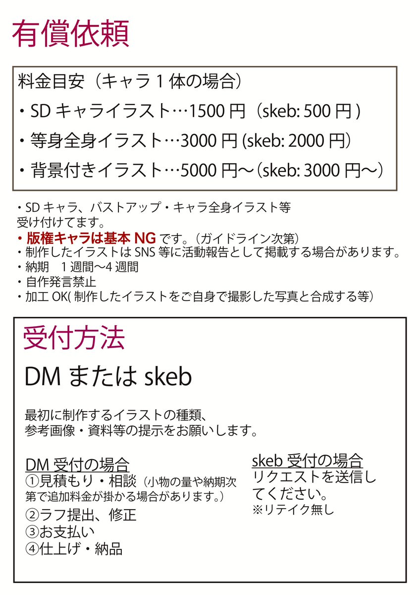 色んな利用規約確認してる途中でボツった有償依頼の料金表、作るの時間掛かったから見てください 