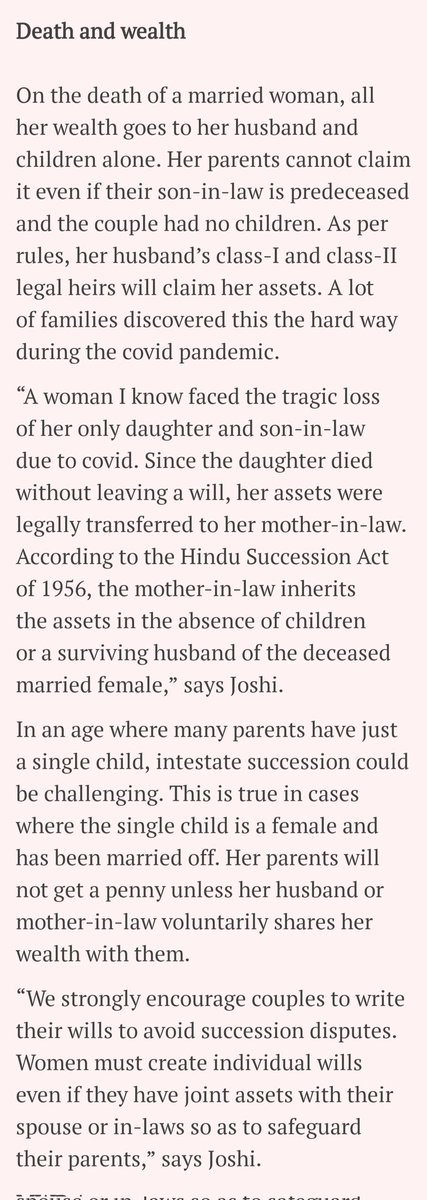 Attn: All wome Most are not aware of these laws Do you know when a married/ widowed Hindu women dies without a will, and even if there are no living husband or kids, her parents and siblings get NOTHING Her assets go ENTIRELY to her husband's family! @apri_sharma's piece in…