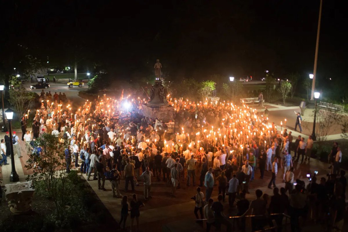 can’t stop thinking about charlottesville and how white nationalists just waltzed through UVA’s campus with tiki torches shouting the most terrifying shit, *after* one of them slammed a car into a crowd and killed someone, and yet there is not one uniformed officer in this photo