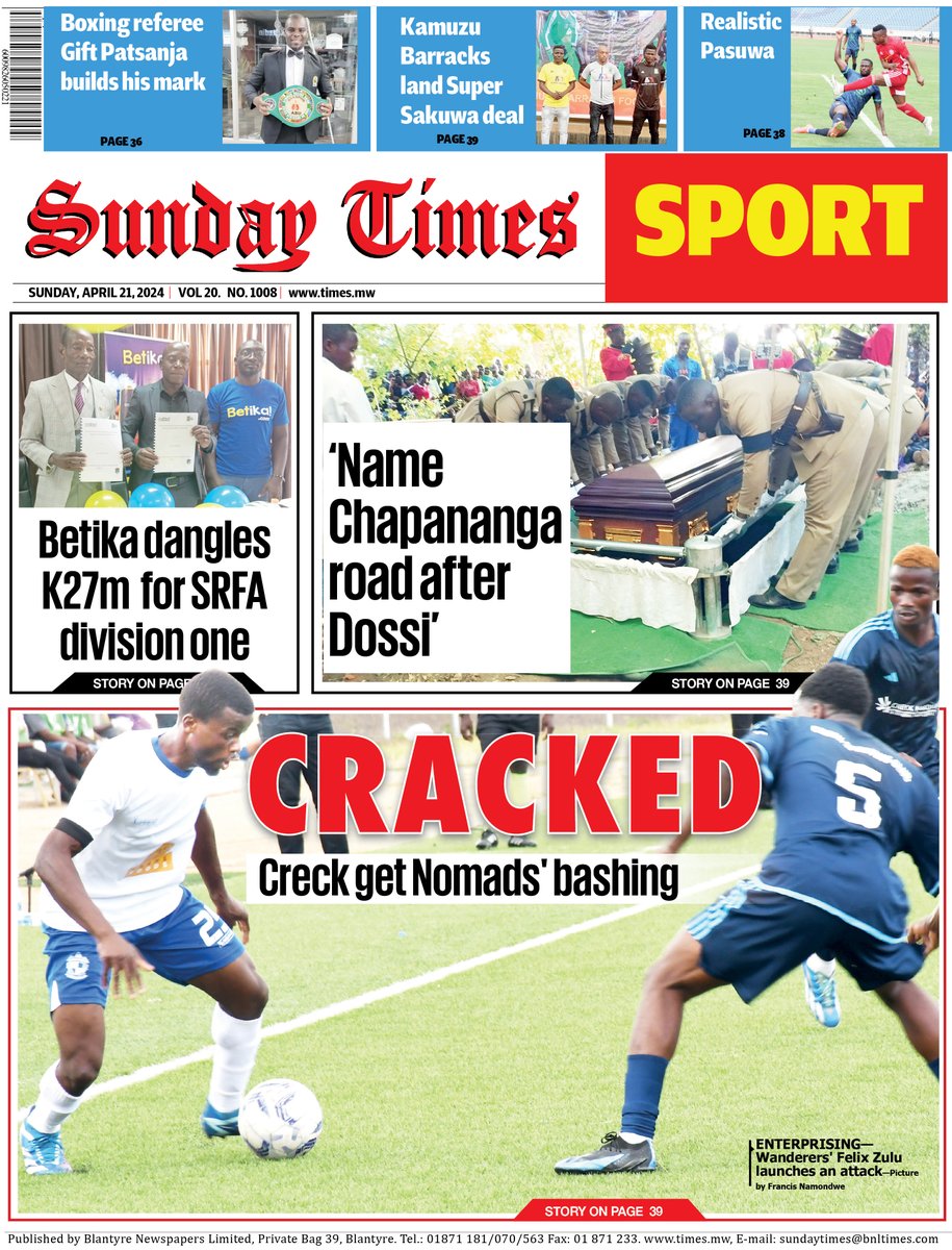 #TheSundayTimes back page: Mighty Mukuru Wanderers revival continued yesterday after thrashing TNM Super League debutants Creck Sporting Club 3-0 at Kamuzu Stadium.

mwtimes.softekmw.net/wp-admin/