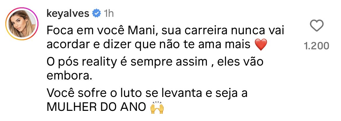 Key Alves deixa comentário de apoio a Mani “O pós reality é sempre assim, eles vão embora”