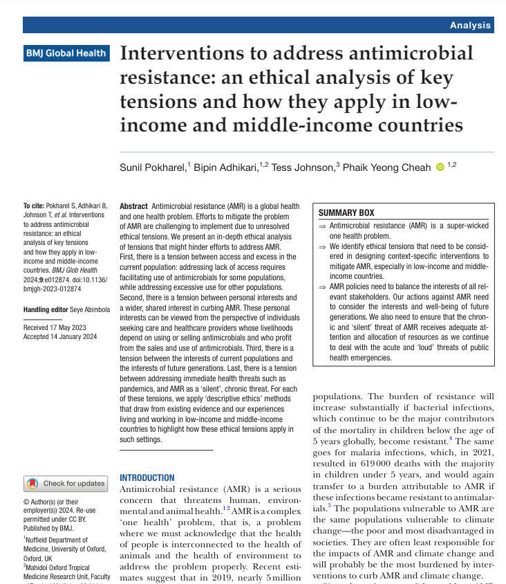 What ethical issues need to be considered when designing interventions for antimicrobial resistance (AMR) in low- and middle-income countries? Our analysis in @GlobalHealthBMJ link: gh.bmj.com/content/9/4/e0… #AMR #HealthEquity #GlobalHealth