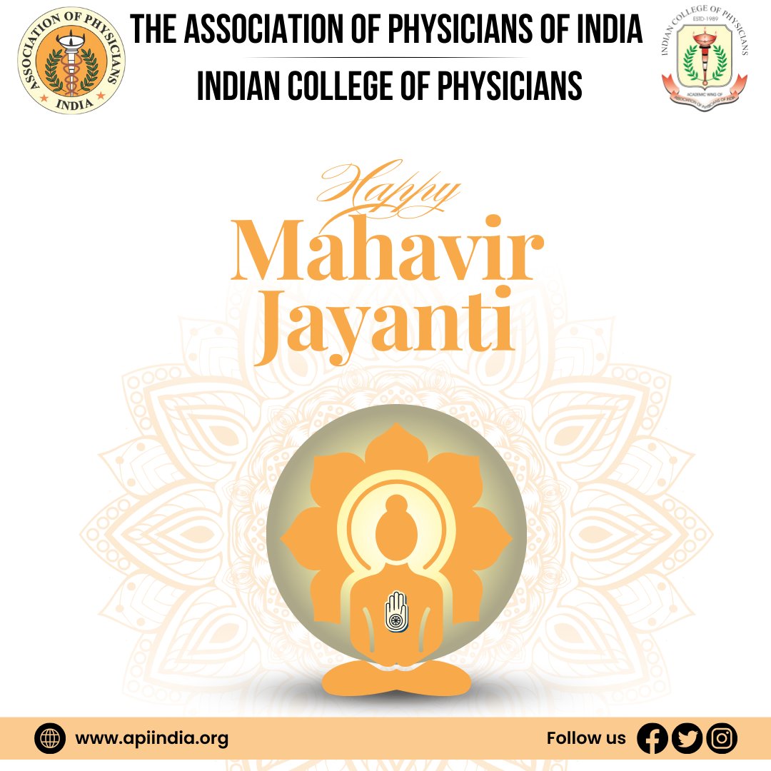 Reflecting on Lord Mahavir's teachings: Compassion, Non-violence, and Wellness for All. Happy Mahavir Jayanti

DR GIRISH MATHUR 
PRESIDENT-API
DR JYOTIRMOY PAL 
DEAN-ICP
DR AGAM VORA 
SECRETARY-API

#MahavirJayanti #API #ICP #TheAssociationofPhysiciansofIndia #Physicians