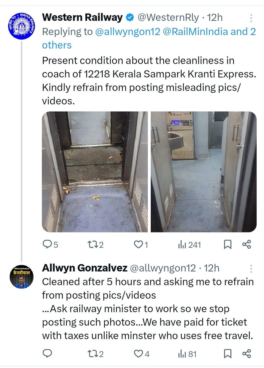 .@allwyngon12 posted a complaint about garbage in a train at 9:15 yesterday. @WesternRly replied after 12 hours that the post is misleading, when the garbage was already cleared. What do want @RailMinIndia?? Indians stop sharing complaints on social media??