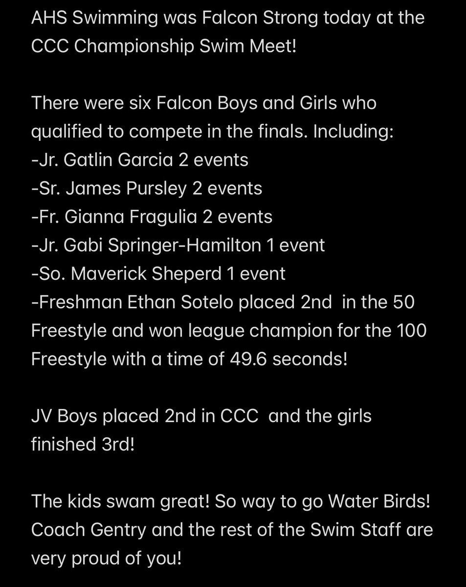 CCC Swim Championship results! Great job Falcons!! #WeAreAtwater🟦⬜️