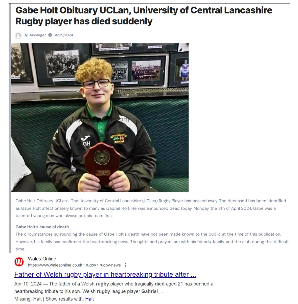 Wales - 21 year old Gabe Holt, University of Central Lancashire Rugby player, died suddenly on April 8, 2024. Cause of death not reported. COVID-19 mRNA Vaccine sudden deaths are at an all time high #DiedSuddenly