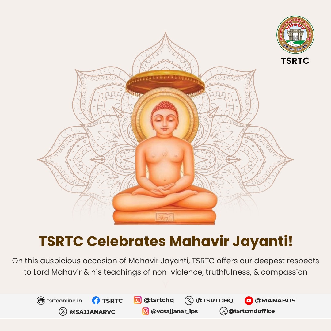 TGSRTCHQ's tweet photo. Ahimsa Paramo Dharma - Non-violence is the greatest virtue. Let's honor this central tenet of Jainism today on Mahavir Jayanti.
.
.
#tsrtc #tsrtcbuses #publictransport #acbuses #tsrtcapp #DownloadNow #downloadtheapp #ticketbooking #MahavirJayanti #jainism https://t.co/lrknHM6EOO