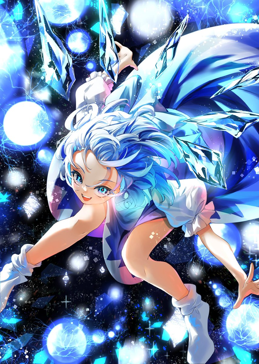 cirno 1girl solo looking at viewer smile open mouth short hair blue eyes  illustration images