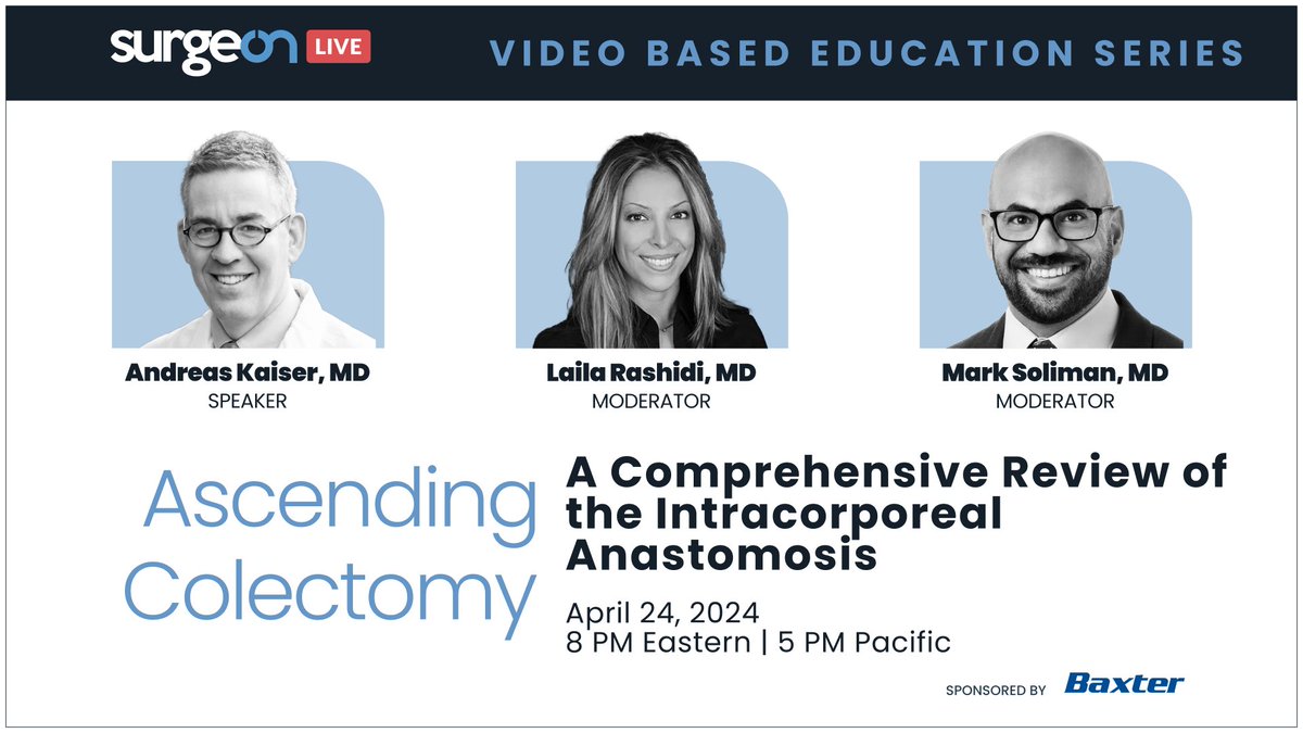 Join us at SurgeOn Live on Wednesday, April 24, at 8 PM ET for the Colorectal Surgery - Ascending Colectomy. Don't miss this! Speaker: @AndreasMKaiser Moderators: @lailara58 & @MarkSoliman Watch livestream here: share.surgeonapp.com/public/share/5…