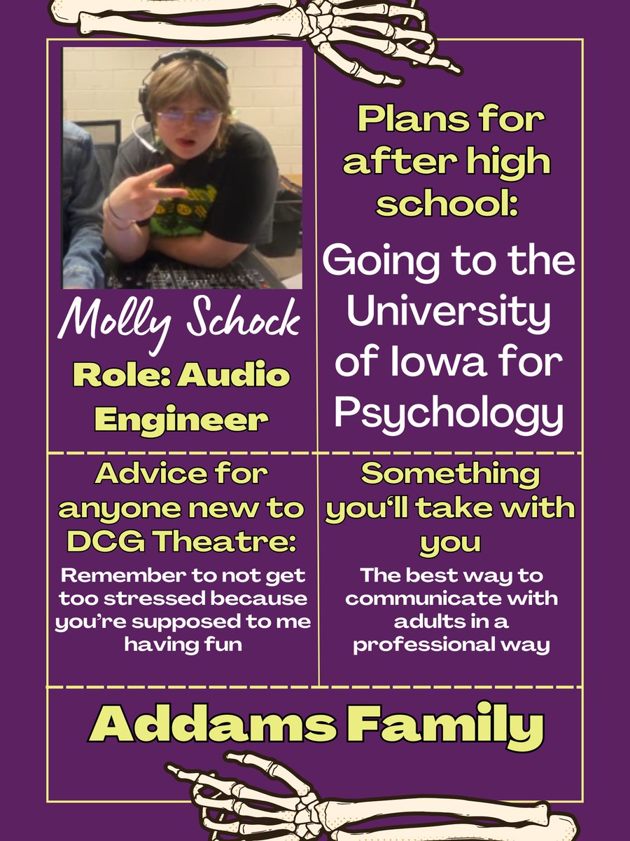 Hello everyone! We have over a dozen seniors preparing for their final opening night with DCG Theatre in less than one week! Let’s hear it for Ellie, Jack, Alex, and Molly!