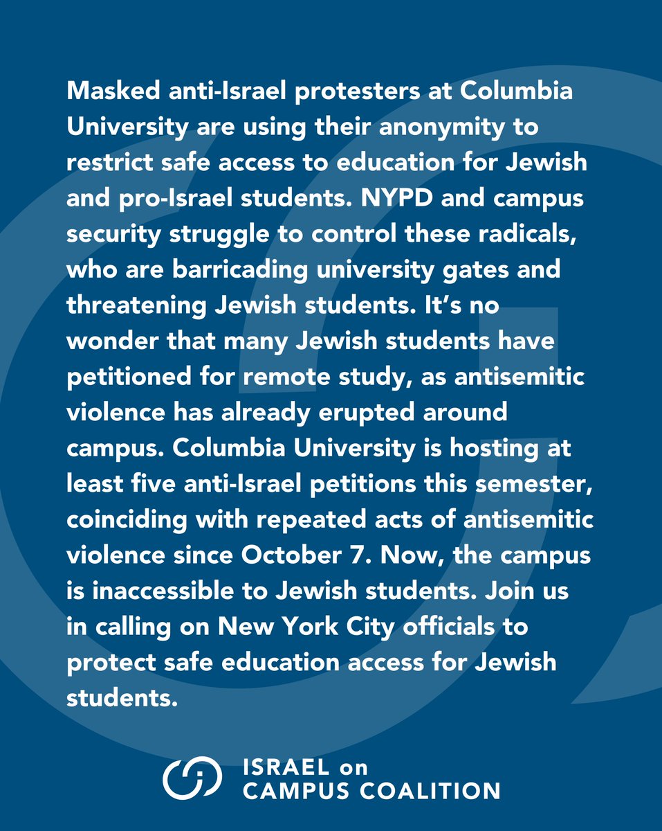 ICC stands in solidarity with the Jewish community at Columbia University as anti-Israel protesters continue to threaten the campus. Join us in calling on New York City officials to protect the safe access of education for Columbia University students.