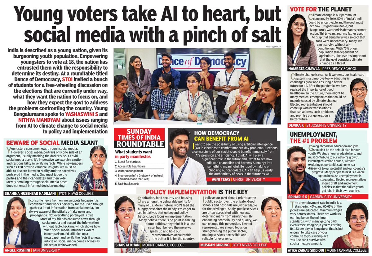 Issues ranging from AI to climate change to social media to policy and implementation are what young Bengalureans expect to be addressed by the leaders in elections 2024. Read all about it in the Times of India. #DanceOfDemocracy