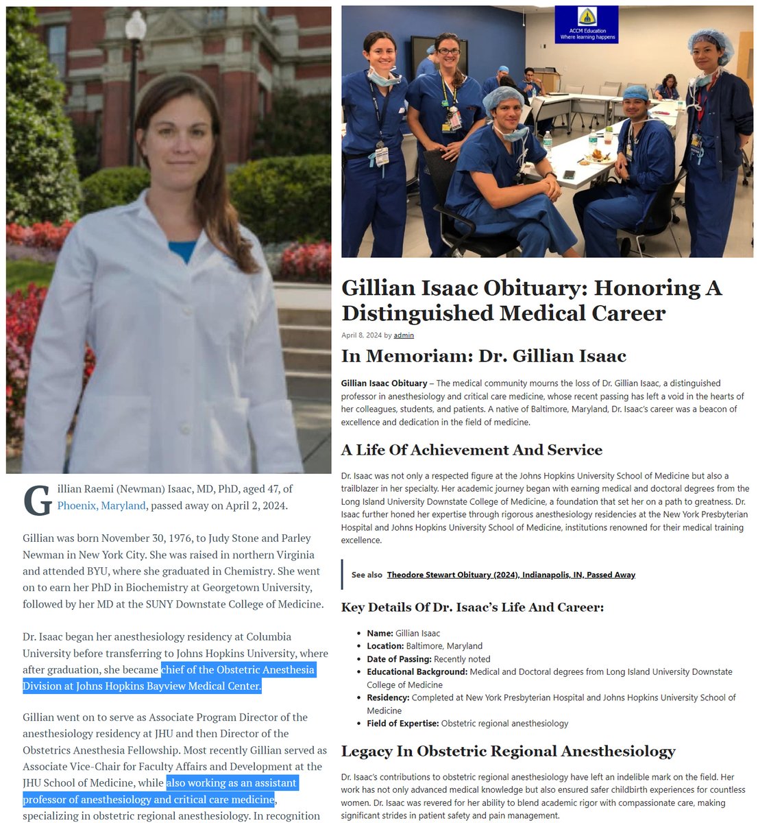 US DOCTOR DEAD - 47 year old Dr.Gillian Isaac MD PhD, of Phoenix MD, died suddenly on April 2, 2024.

She was Chief of Obstetric Anesthesia Division at Johns Hopkins Bayview Medical Center, and assistant professor of anesthesiology and critical care medicine

COVID-19 mRNA…