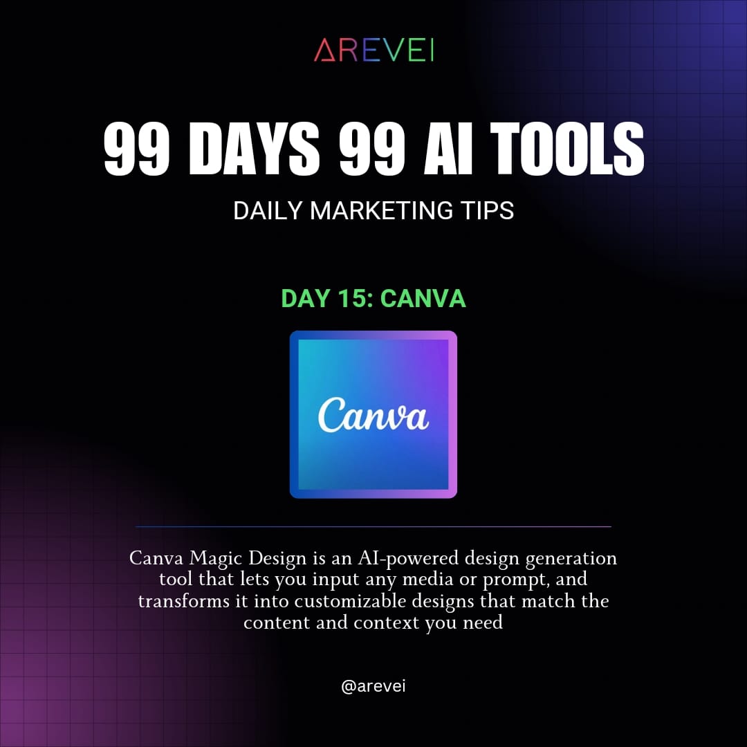Daily AI Marketing Tips :- ➡️Day 15 : @canva Follow @areveiofficial for more. #canva #AITools #branding #marketing #marketingtips #digitalagency #digitalmarketingagency #arevei