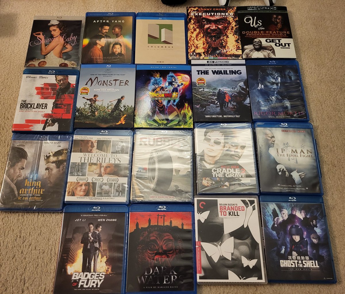 SamGorC's tweet photo. Recent hauls #shivababy #afteryang #columbus #theexecutioner #us #getout #bricklayer #monster #dragonballsuperbroly #thewailing #Rigormortis #kingarthur #welcometotherileys #rubner #cradle2thegrave #ipmanfinalfight #badgesoffury #darkwater #brandedtokill #ghostintheshellnewmovie https://t.co/n2BiHJHpc6