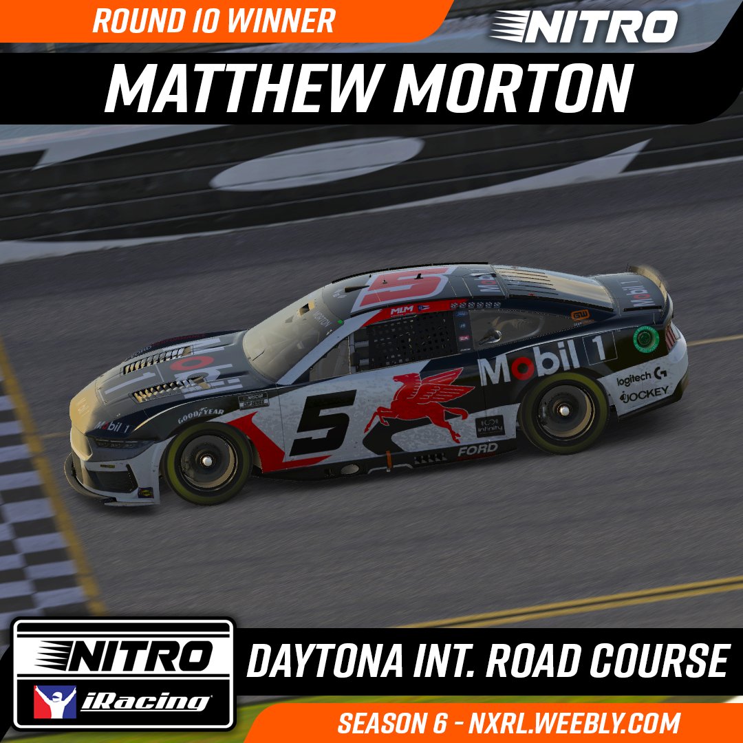 A commanding lead by @MatthewMorton31 takes victory at Daytona Road after overcoming technical issues nearing the finish. A season best for @ax4x_matt in P2 and a stunning P3 for @RobergMDesigns who completed the race unwell!

#iracing #simracing #nitroracingleague