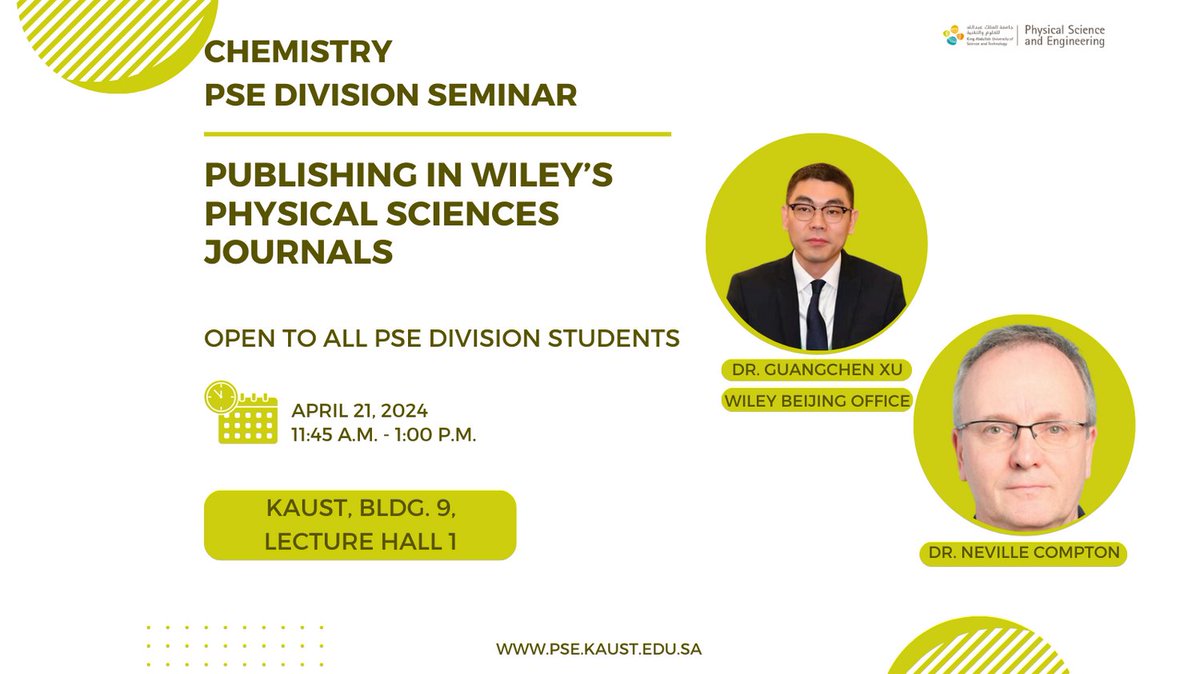 TODAY! PSE Division Seminar: #Chemistry. #KAUSTPSE Division Seminars are open to all PSE Division students. For more information: pse.kaust.link/L5B1 @chemsstudents @CCRCatKAUST @AMPM_KAUST @ANPERC_KAUST @KCCkaust @KAUST_Solar @ShmsLab @kaust_me @KAUST_ErSE