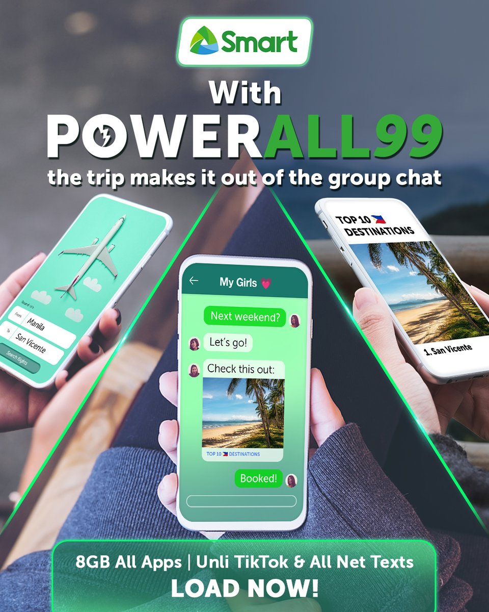 From finding inspo to booking flights to coordinating, get the trip out of the group chat with Smart Power All 99, with 8 GB all-access data + Unli TikTok & All Net Texts! Load now: smrt.ph/PA2tw Learn more here: smrt.ph/liveforrealtw #LiveForRealWithSmart