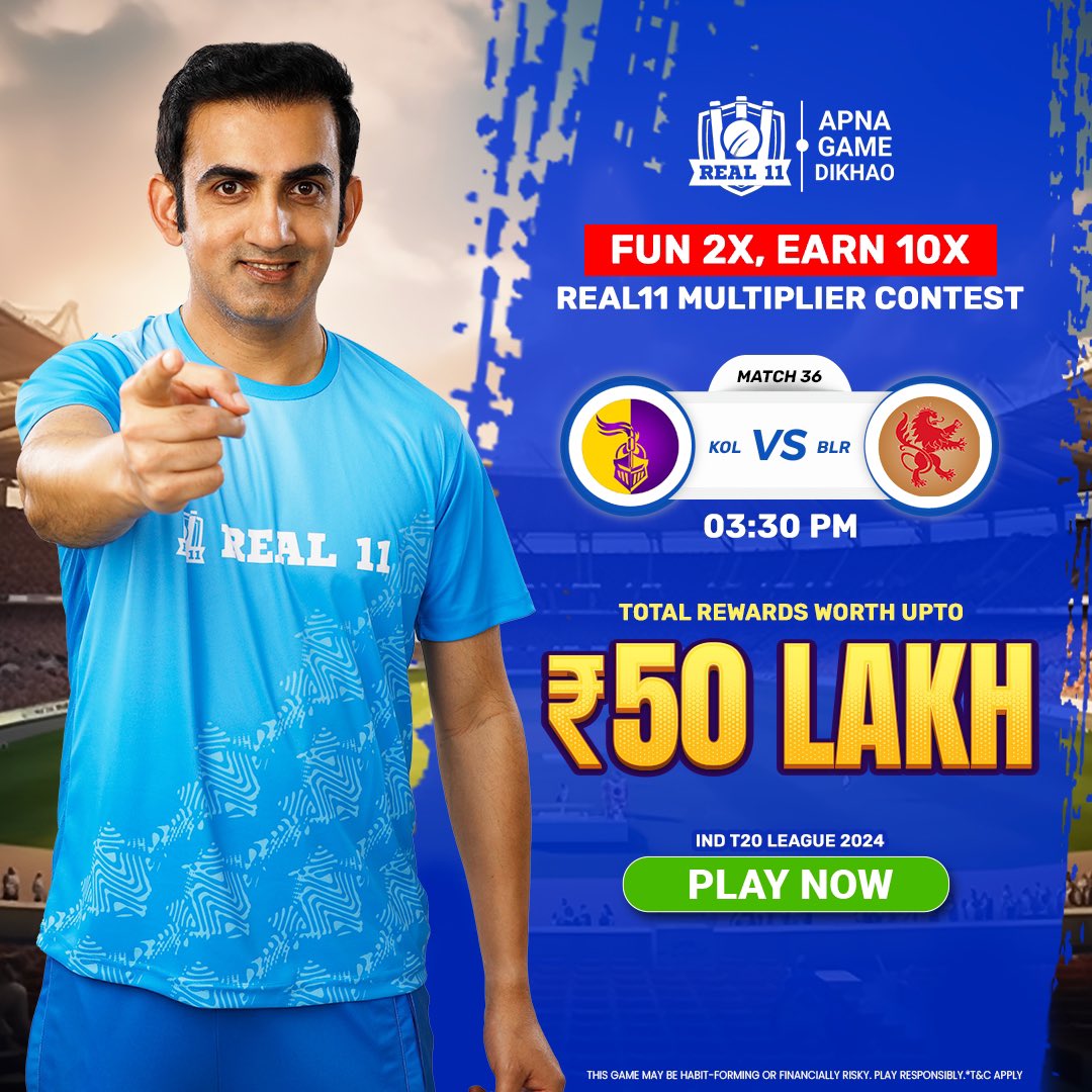 Calling all cricket fans!🙌 Join the #Real11 Multiplier Contest & turn your passion into BIG rewards!🎁 Earn 🔟𝐗 cash rewards🚀 upto ₹50 LAKH in 💜KOL 🆚 BLR❤️  It's your time to shine, Join NOW!✨ Download Link - download.real11.com/d14u/Gambhir Signup Code- GAMBHIR & Claim FREE ₹100