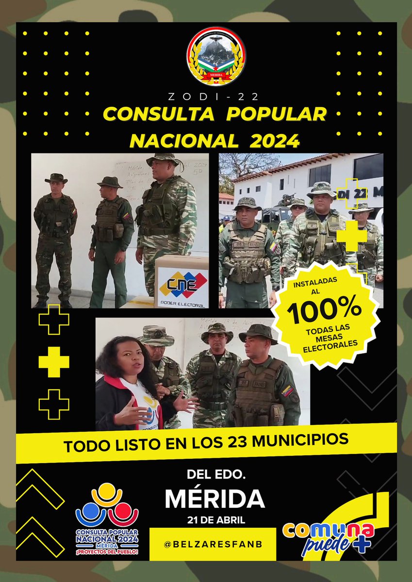 #20Abril #FANB #ZODI-22 #RediLosAndes 
Consulta Popular Nacional 2024 Todo listo instalados los 545 Centros Electorales en los 23 municipios y las 86 parroquias del Estado Bolivariano de Mérida. #TRIUNFAR