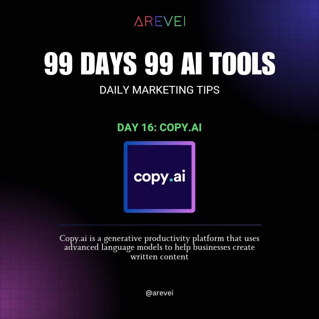 Daily AI Marketing Tips :- ➡️Day 16 : @copy_ai Follow @areveiofficial for more. #copyai #AITools #marketingtips #branding #marketing #digitalagency #MarketingDigital #arevei