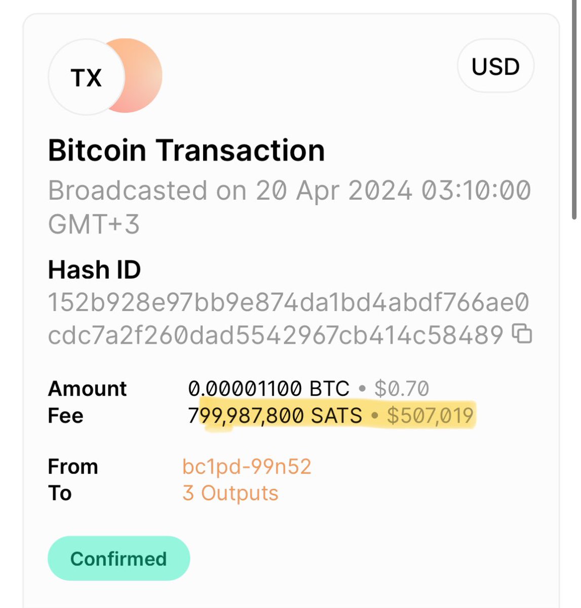 Increasity's tweet photo. Someone just paid $500,000 fees for their $0.70 amount transfer to be included in the #Bitcoin halving block 🤯 https://t.co/E0Ns6smbEa