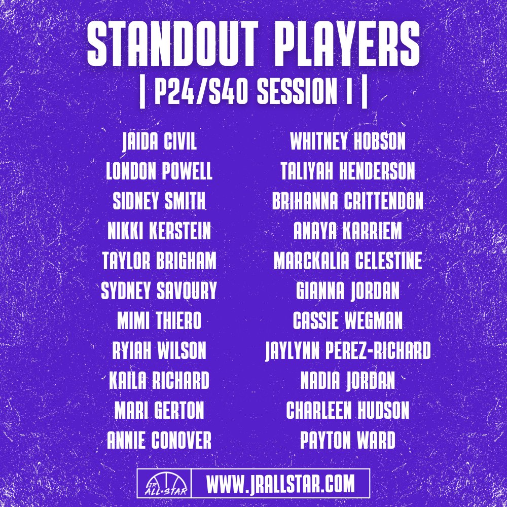 Jr. All-Star Girls Basketball (@jrallstarbb) on Twitter photo 𝗦𝗧𝗔𝗡𝗗𝗢𝗨𝗧 𝗣𝗟𝗔𝗬𝗘𝗥𝗦
Here are the players who caught our eye during Day 2️⃣ of Power 24/Select 40 Session I! 👇
<a href="/JaidaCivil/">Jaida Civil</a> <a href="/london_powell16/">London Powell</a> <a href="/sid_smith15/">Sidney Smith</a> <a href="/nikkikerstein/">Nikki Kerstein</a> <a href="/Tay_Brigham25/">Taylor Brigham</a> <a href="/SavourySavoury2/">Sydney Savoury</a> <a href="/mimi_thiero/">Mimi Thiero</a> <a href="/RyiahWilson/">Ryiah Wilson</a> <a href="/iamkaila_5/">Kaila Richards</a> <a href="/thaachos3n1/">Mari Gerton</a> <a href="/AnnieConover_/">Annie Conover</a> 𝗦𝗧𝗔𝗡𝗗𝗢𝗨𝗧 𝗣𝗟𝗔𝗬𝗘𝗥𝗦
Here are the players who caught our eye during Day 2️⃣ of Power 24/Select 40 Session I! 👇
<a href="/JaidaCivil/">Jaida Civil</a> <a href="/london_powell16/">London Powell</a> <a href="/sid_smith15/">Sidney Smith</a> <a href="/nikkikerstein/">Nikki Kerstein</a> <a href="/Tay_Brigham25/">Taylor Brigham</a> <a href="/SavourySavoury2/">Sydney Savoury</a> <a href="/mimi_thiero/">Mimi Thiero</a> <a href="/RyiahWilson/">Ryiah Wilson</a> <a href="/iamkaila_5/">Kaila Richards</a> <a href="/thaachos3n1/">Mari Gerton</a> <a href="/AnnieConover_/">Annie Conover</a>