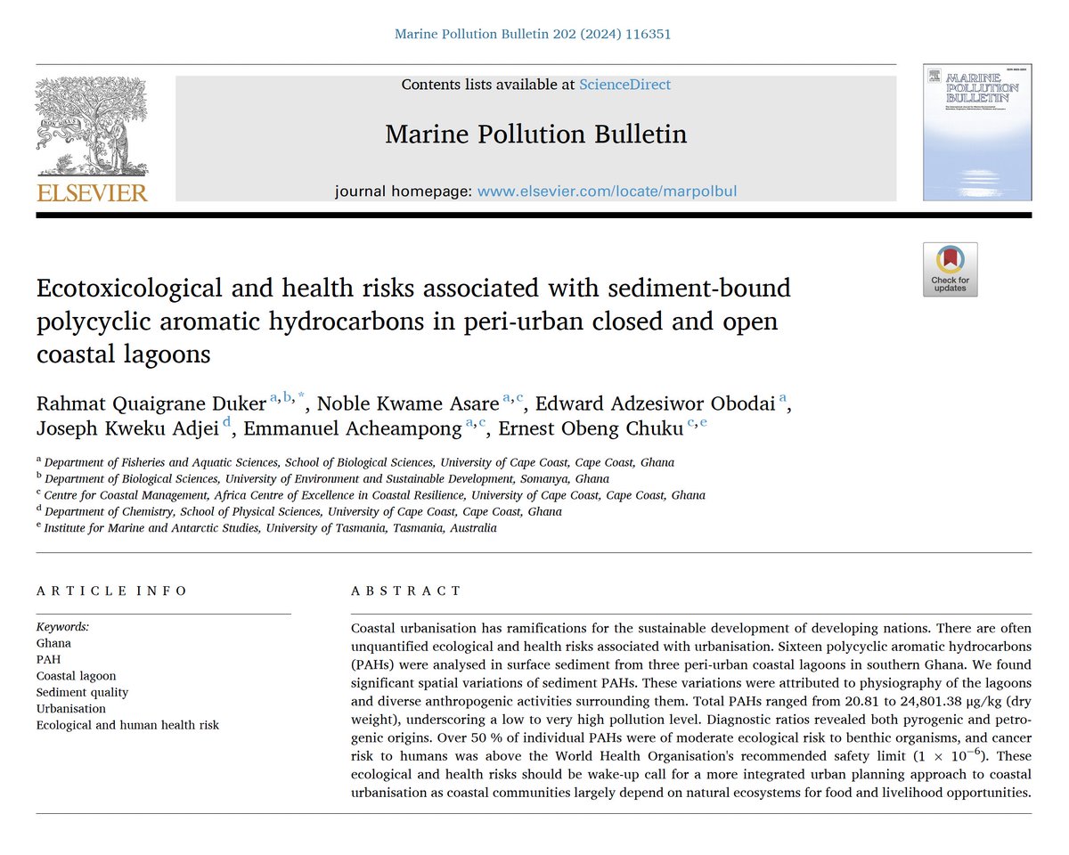 📣 New Publication! 🚨 Our new paper in Mar. Pol. Bul. discusses the ecotoxicological and health risks associated with PAHs emanating from uncontrolled human activities in and around peri-urban coastal lagoons. @sciencedirect @ElsevierConnect Read here: sciencedirect.com/science/articl…