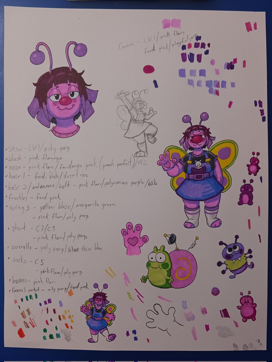 Had fun with the markers yet again, this time drawing Big Nose Bug! Also, two of my test/note sheets for picking the right colors to use. (Most of these are Bic markers.) @bignosebug #BugNoseBuggy