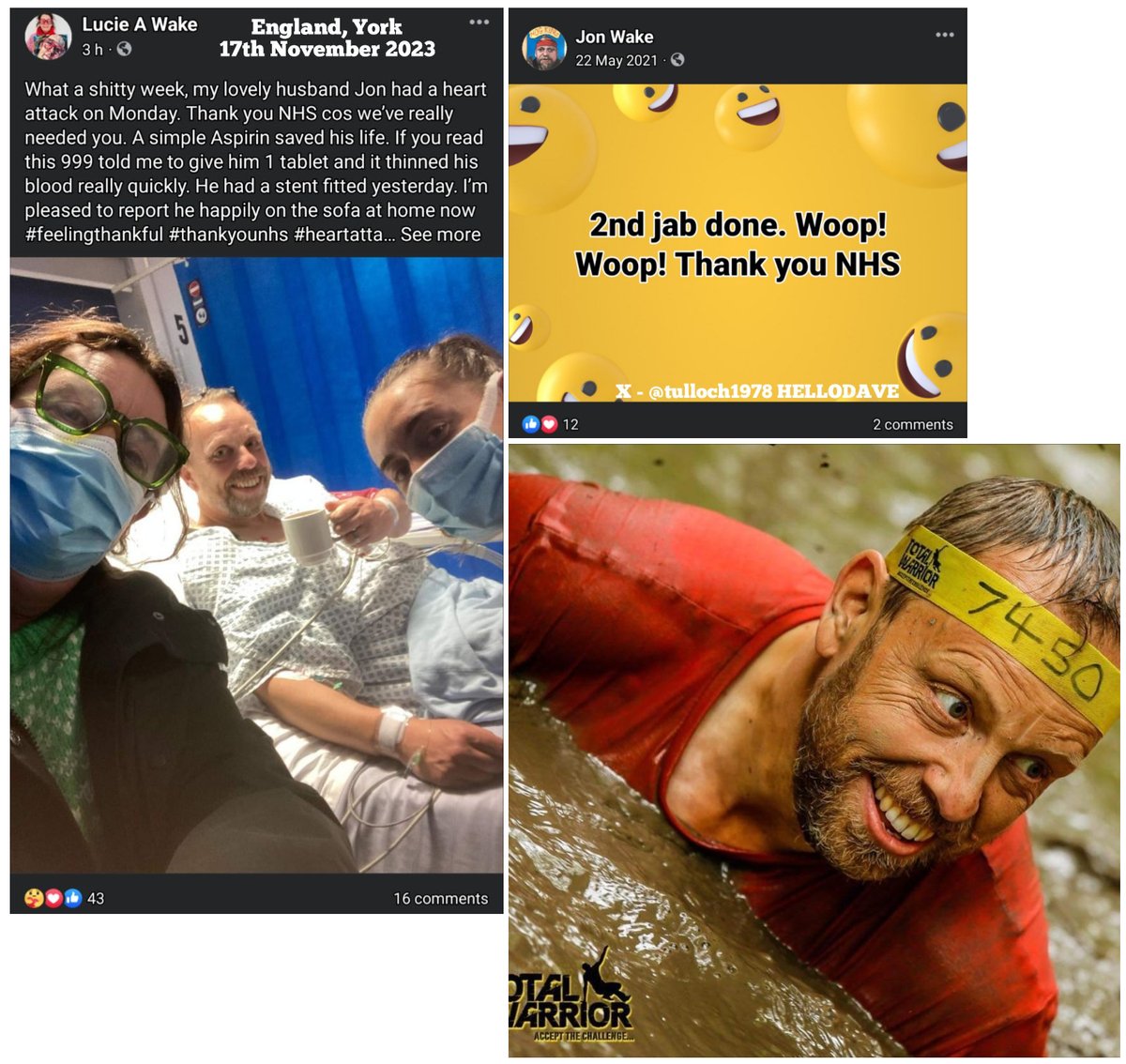 York, England - Jon Wake had a heart attack in November 2023.

He's done the Total Warrior, The Great Northern Mud Run (a race made up of 25 punishing obstacles, 10 tonnes of ice and 100 tonnes of mud)

He was extremely happy to get his heart damaging COVID-19 mRNA Vaccines:

May