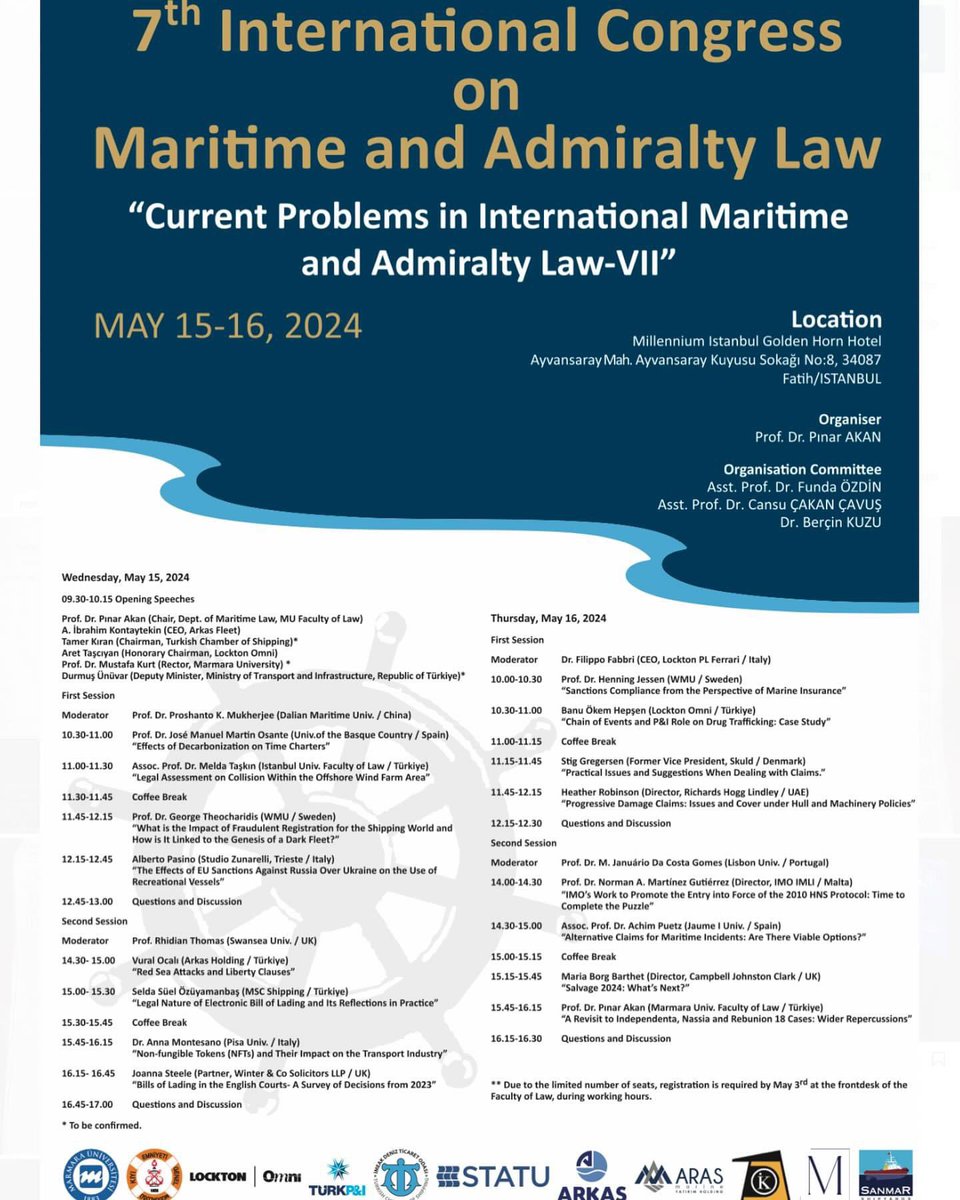 Sevgili hocam Prof. Dr. Pınar Akan’ın düzenlemiş olduğu 2010 yılından bu yana geleneksel hale gelen ve alanında dünyanın en büyük kongresi olan 7. Uluslararası Deniz Hukuku Kongresi 15-16 Mayıs’da İstanbul’da yapılacak <a href="/akanp_/">Prof. Dr. Pinar AKAN</a>