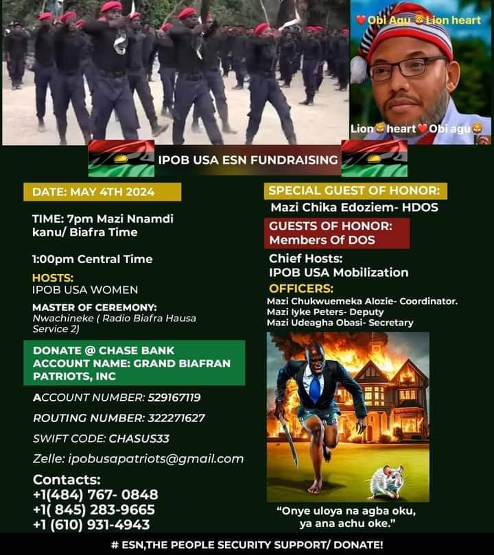 Support The Eastern Security Network.

Support the defense of the Motherland, her people and her sovereignty against Fulani terrorists.

Flyer and Fundraising schedule approved by the IPOB Directorate Of State (DOS).

Save the date!

 Family Writers Press International
#FreeMNK
