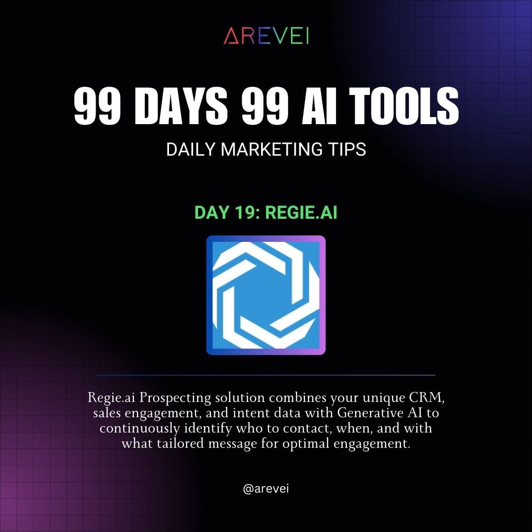 Daily AI MArketing Tips :- ➡️ Day 19 : @regieai Follow @areveiofficial for more. . . . #regieai #AITools #Branding #Marketing #digitalagency #digitalmarketingagency #arevei