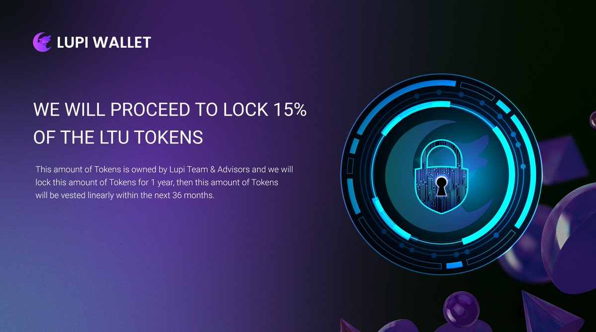 🔐 We will proceed to lock 15% of the $LTU tokens. This amount of Tokens is owned by Lupi Team & Advisors and we will lock this amount of Tokens for 1 year, then this amount of Tokens will be vested linearly within the next 36 months 🔓 🔼 Locking LTU Token before listing is to…