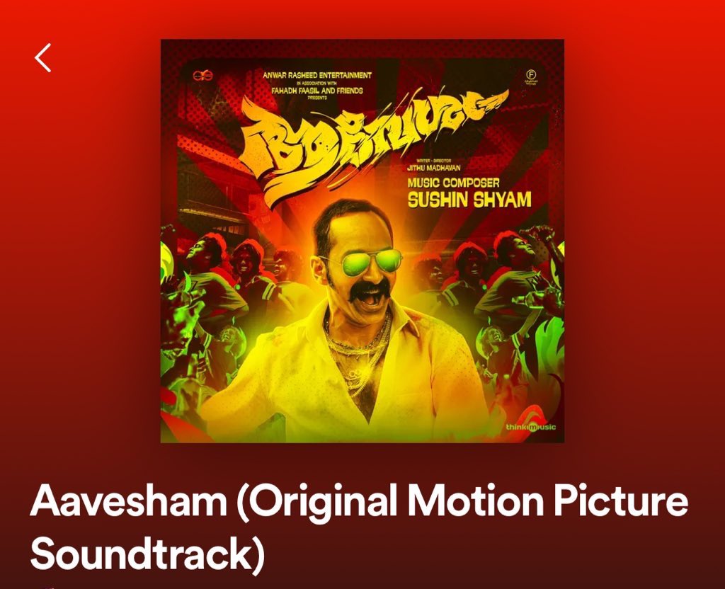 #Aavehsam -

#SushinShyam produced a kickass album🔥🔥🔥

In love with the background score of this film❤️👌

My favorites from the album  - 

illuminati, Jada, odimaga, Thurupu cheetu